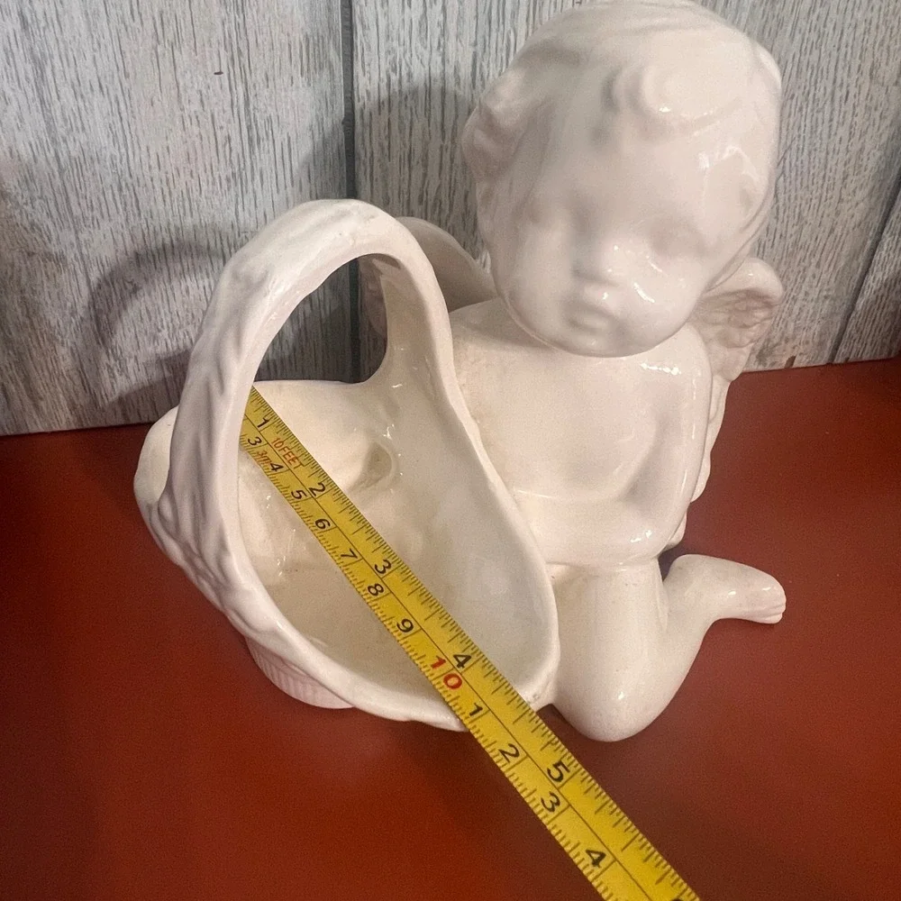 Vintage Ceramic Cherub Angel Figurine Planter Basket Trinket Dish Cream White